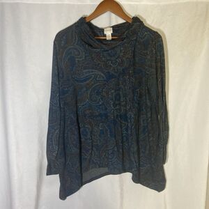 CHICO'S blue multicolor paisley cowl neck long sleeve shark bite hem top 2/M